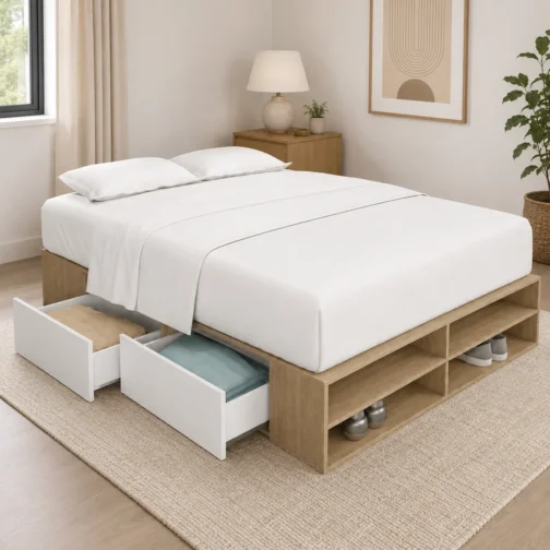 CAMA BOX 1,40M – 4 CAJONES + 2 ESTANTES