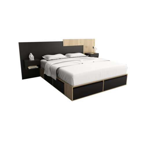 CAMA BOX 1,80M + RESPALDO CON MESAS DE LUZ – Combinado Olmo Negro