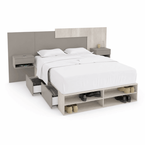 CAMA BOX 1,40M + RESPALDO CON MESAS DE LUZ