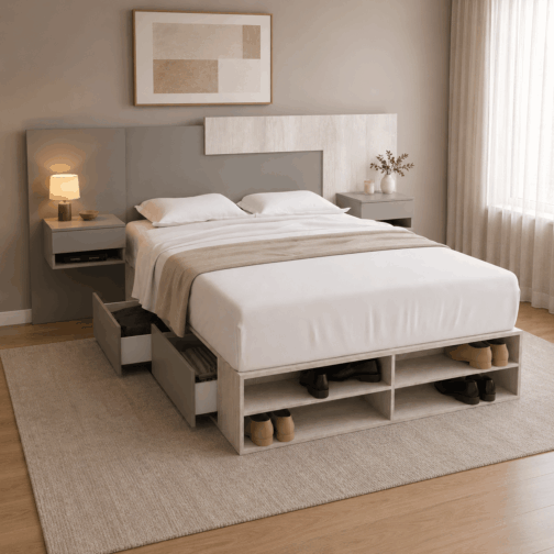 CAMA BOX 1,40M + RESPALDO CON MESAS DE LUZ