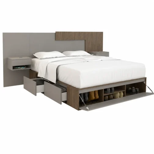 CAMA BOX 1,60M + RESPALDO CON MESAS DE LUZ