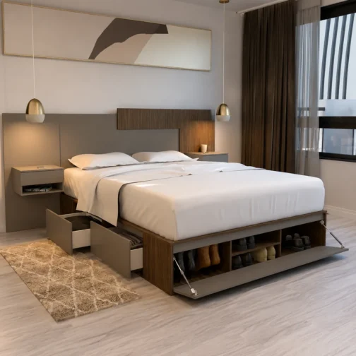 CAMA BOX 1,60M + RESPALDO CON MESAS DE LUZ