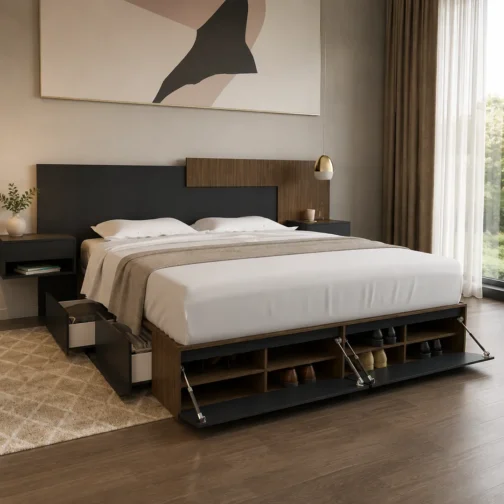 CAMA BOX 1,80M + RESPALDO CON MESAS DE LUZ