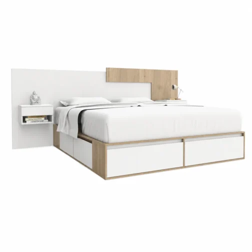 CAMA BOX 2M + RESPALDO CON MESAS DE LUZ