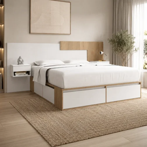 CAMA BOX 2M + RESPALDO CON MESAS DE LUZ
