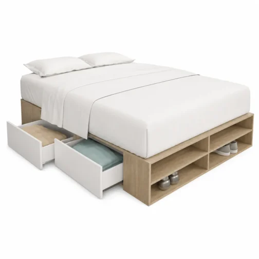 CAMA BOX 1,40M – 4 CAJONES + 2 ESTANTES
