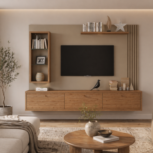 PANEL VARILLADO HASTA 65» CON 3 PUERTAS BASCULANTES Y 3 ESTANTES