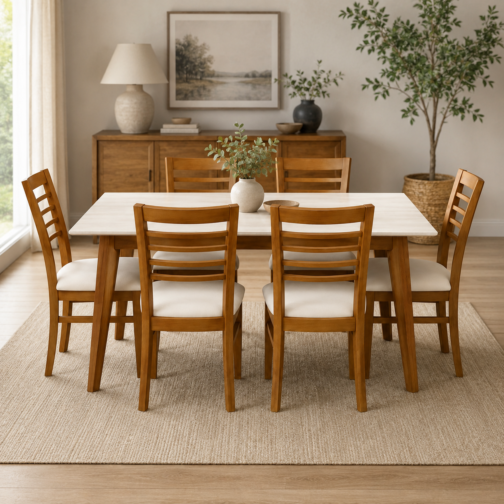 COMBO MESA ANDREA EXTENSIBLE + 6 SILLAS pino premium